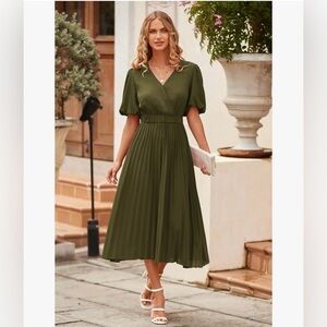 Olive Green Pleated Midi Dress – Size Medium – NWT